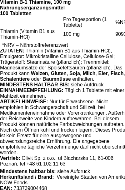Produktetikett — Vitamin B-1 Thiamine, 100mg - 100 tabs (PB 7089)