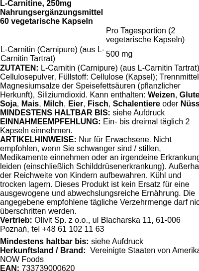 Produktetikett — L-Carnitine, 250mg - 60 vcaps (PB 72983)