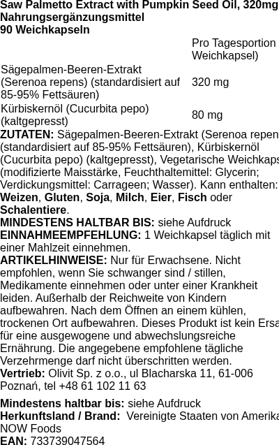 Produktetikett — Saw Palmetto Extract with Pumpkin Seed Oil, 320mg - 90 veggie softgels (PB 87322)