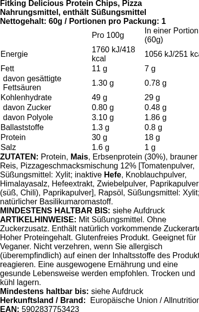 Produktetikett — Fitking Delicious Protein Chips, Pizza - 60g (PB 123647)