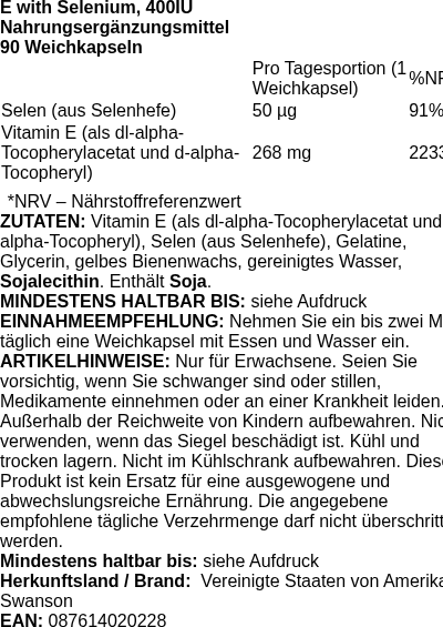 Produktetikett — E with Selenium, 400IU - 90 softgels (PB 84692)