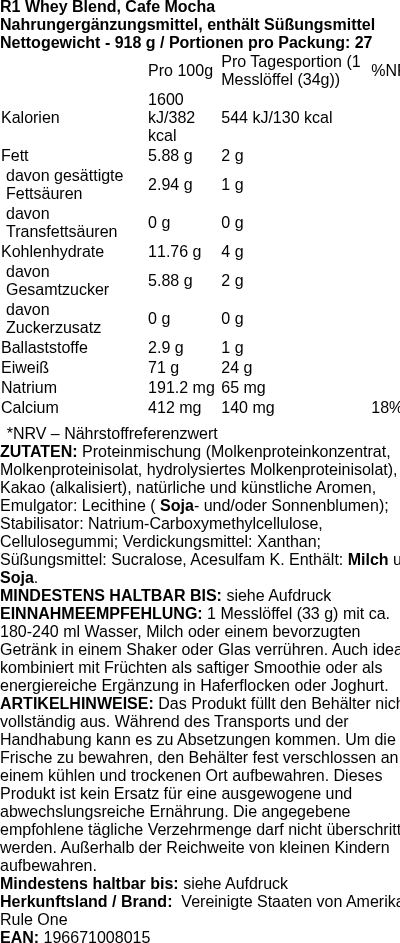 Produktetikett — R1 Whey Blend, Cafe Mocha - 918g (PB 117731)