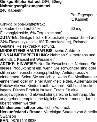 Produktetikett — Ginkgo Biloba Extract, 60mg - 240 caps (PB 103199)