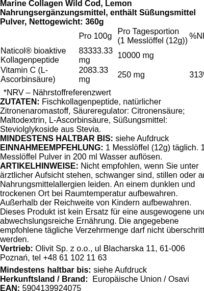 Produktetikett — Marine Collagen Wild Cod, Lemon - 360g (PB 117902)
