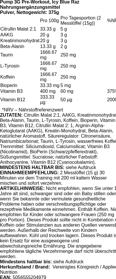 Produktetikett — Pump 3G Pre-Workout, Icy Blue Raz - 375g (PB 118429)