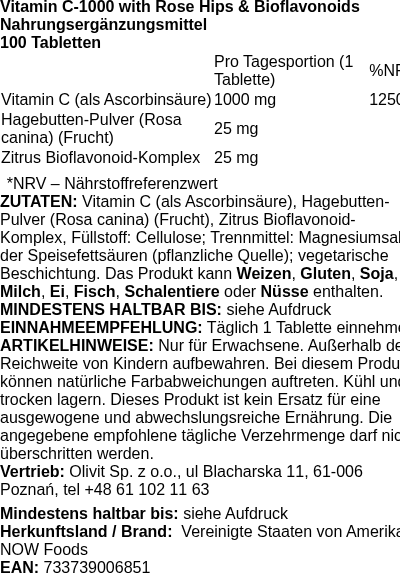 Produktetikett — Vitamin C-1000 with Rose Hips & Bioflavonoids - 100 tablets (PB 2728)
