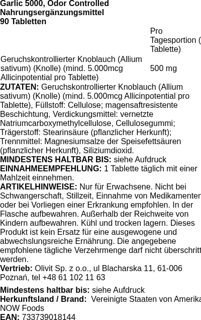 Produktetikett — Garlic 5000, Odor Controlled - 90 tablets (PB 71653)