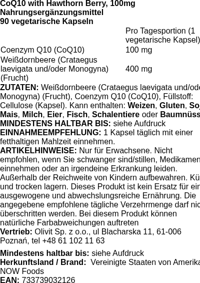 Produktetikett — CoQ10 with Hawthorn Berry, 100mg - 90 vcaps (PB 78554)