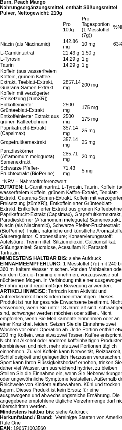 Produktetikett — Burn, Peach Mango - 210g (PB 125858)