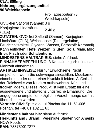 Produktetikett — CLA, 800mg - 90 softgels (PB 1907)