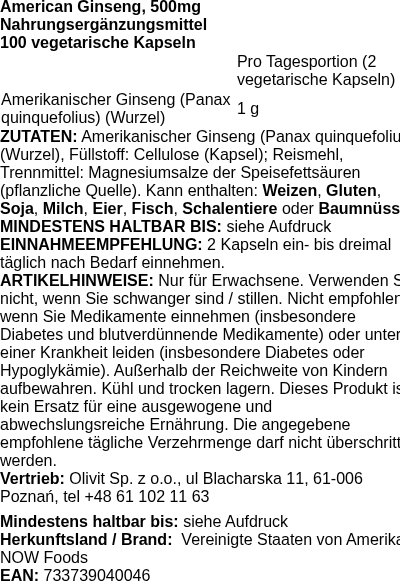 Produktetikett — American Ginseng, 500mg - 100 vcaps (PB 71203)
