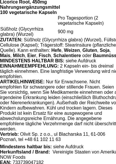 Produktetikett — Licorice Root, 450mg - 100 vcaps (PB 72186)