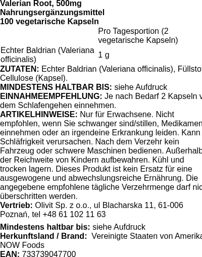 Produktetikett — Valerian Root, 500mg - 100 vcaps (PB 73419)