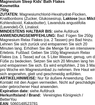 Produktetikett — Magnesium Sleep Kids' Bath Flakes - 750g (PB 110920)