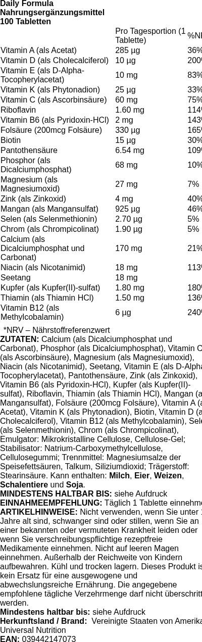 Produktetikett — Daily Formula - 100 tablets (PB 121580)