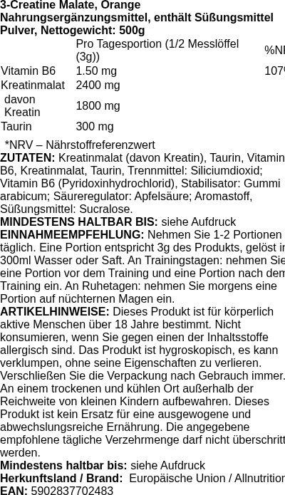 Produktetikett — 3-Creatine Malate, Orange - 500g (PB 82962)