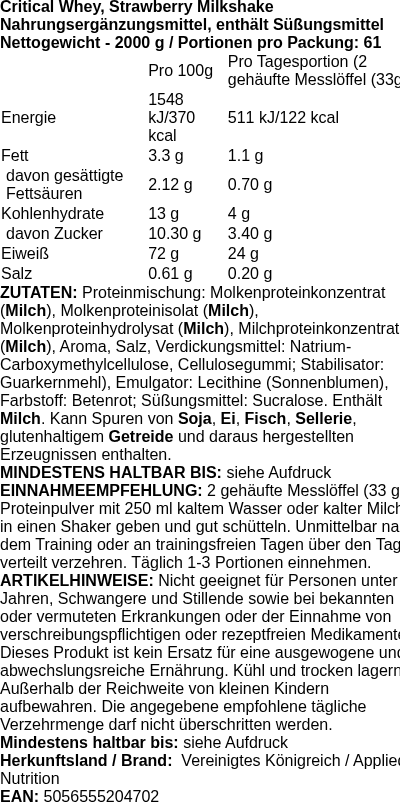 Produktetikett — Critical Whey, Strawberry Milkshake - 2000g (PB 125178)