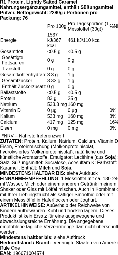 Produktetikett — R1 Protein, Lightly Salted Caramel - 2280g (PB 113995)