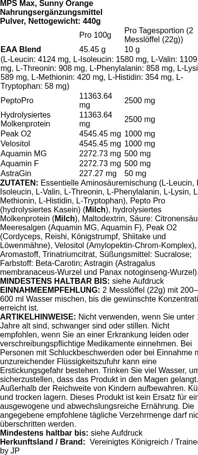Produktetikett — MPS Max, Sunny Orange - 440g (PB 118951)
