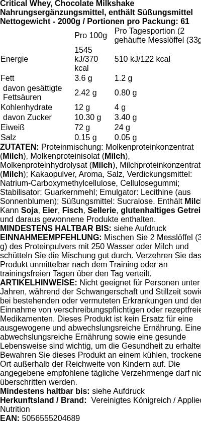 Produktetikett — Critical Whey, Chocolate Milkshake - 2000g (PB 118427)
