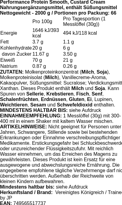 Produktetikett — Performance Protein, Custard Cream - 2000g (PB 117003)