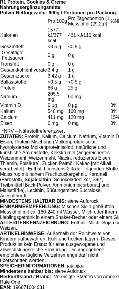 Produktetikett — R1 Protein, Cookies & Creme - 900g (PB 110828)