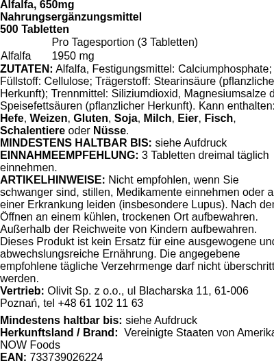 Produktetikett — Alfalfa, 650mg - 500 tablets (PB 78513)