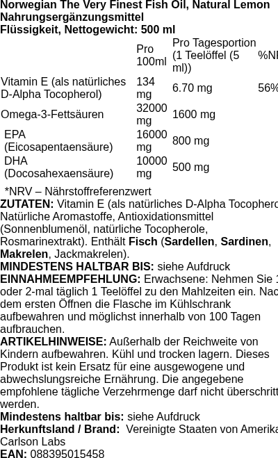 Produktetikett — The Very Finest Fish Oil, Natural Lemon - 500 ml. (PB 88243)