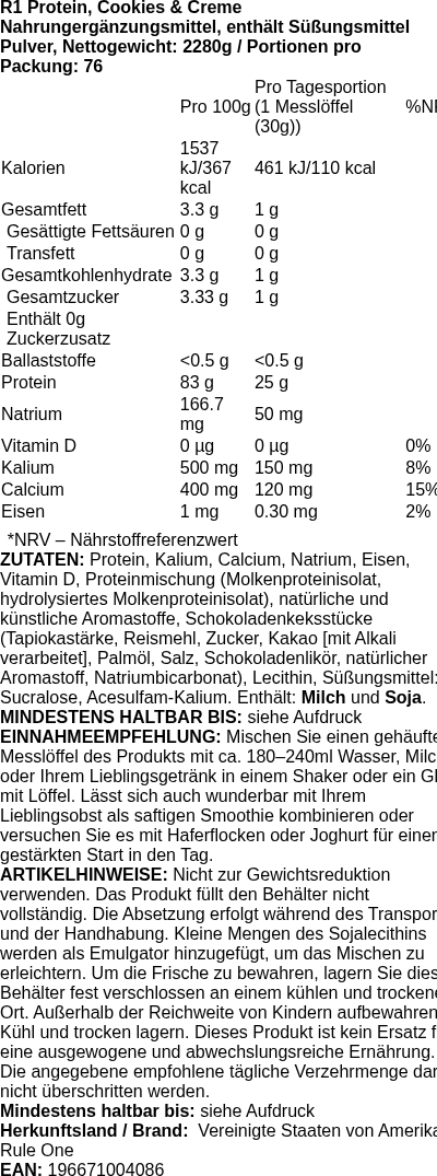 Produktetikett — R1 Protein, Cookies & Creme - 2280g (PB 113944)