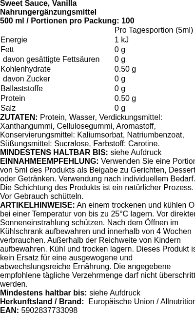Produktetikett — Sweet Sauce, Vanilla - 500 ml. (PB 113172)