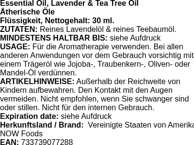 Produktetikett — Essential Oil, Lavender & Tea Tree Oil - 30 ml. (PB 72176)