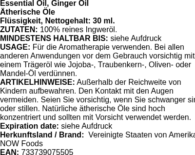 Produktetikett — Essential Oil, Ginger Oil - 30 ml. (PB 71665)
