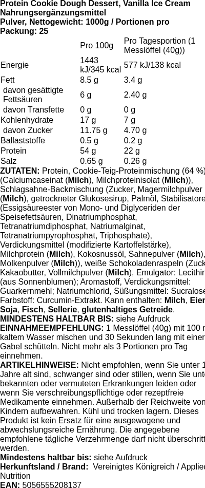Produktetikett — Protein Cookie Dough Dessert, Vanilla Ice Cream - 1000g (PB 122655)