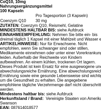 Produktetikett — CoQ10, 10mg - 100 caps (PB 124703)