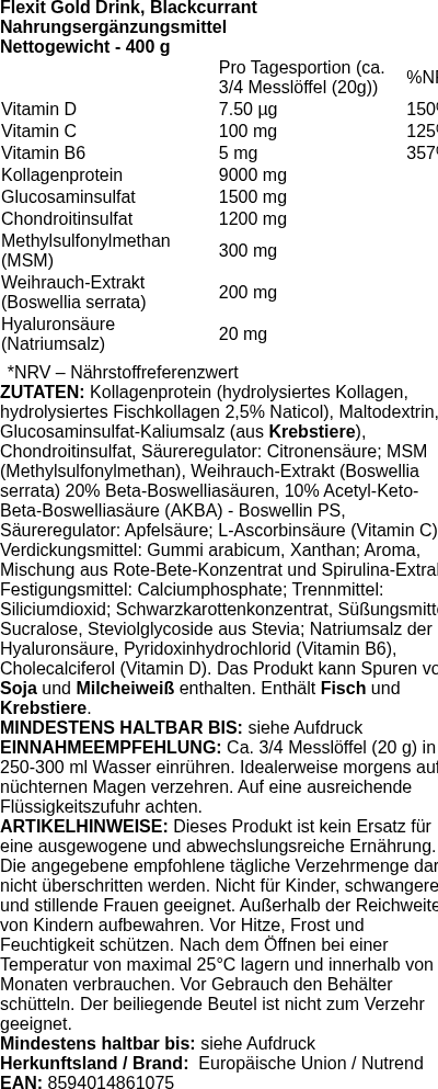 Produktetikett — Flexit Gold Drink, Blackcurrant - 400g (PB 76355)