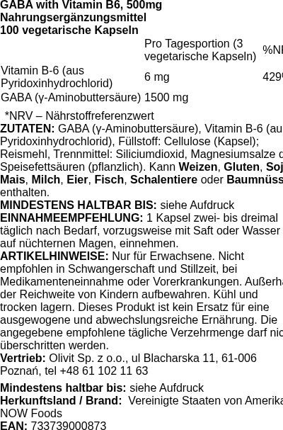 Produktetikett — GABA with Vitamin B6, 500mg - 100 vcaps (PB 2759)