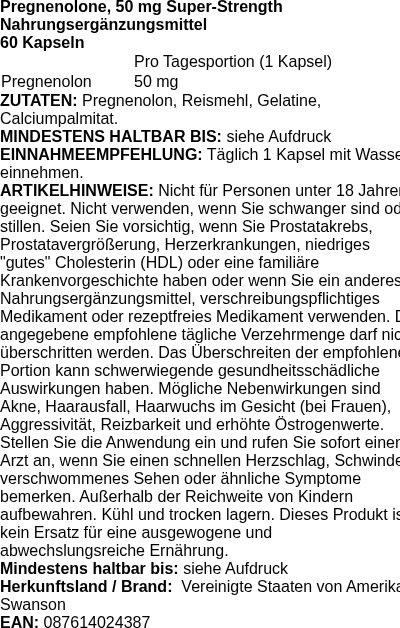 Produktetikett — Pregnenolone, 50mg Super-Strength - 60 caps (PB 84594)