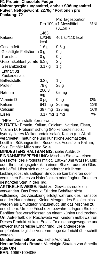 Produktetikett — R1 Protein, Chocolate Fudge - 2270g (PB 113993)