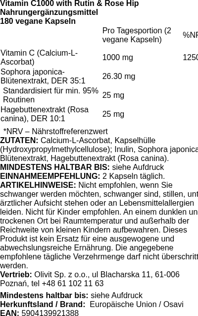 Produktetikett — Vitamin C1000 with Rutin & Rose Hip - 180 vegan caps (PB 107594)