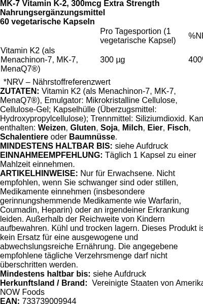 Produktetikett — MK-7 Vitamin K-2, 300mcg Extra Strength - 60 vcaps (PB 111514)