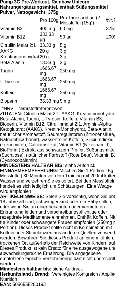 Produktetikett — Pump 3G Pre-Workout, Rainbow Unicorn - 375g (PB 113158)
