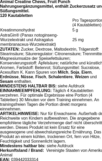Produktetikett — Animal Creatine Chews, Fruit Punch - 120 chewable tablets (PB 118183)