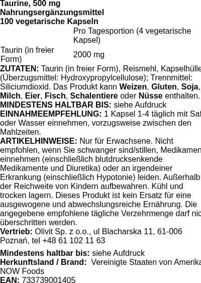 Produktetikett — Taurine, 500mg - 100 caps (PB 2240)