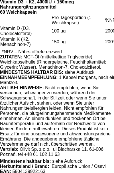 Produktetikett — Vitamin D3 + K2, 4000IU + 150mcg - 60 softgels (PB 113658)