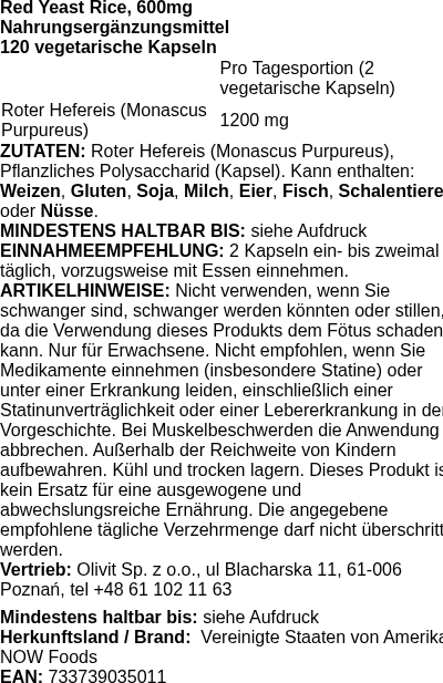 Produktetikett — Red Yeast Rice, 600mg - 120 vcaps (PB 3970)