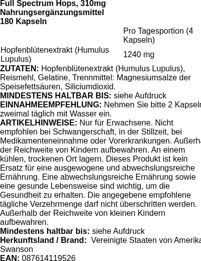 Produktetikett — Full Spectrum Hops, 310mg - 180 caps (PB 124844)