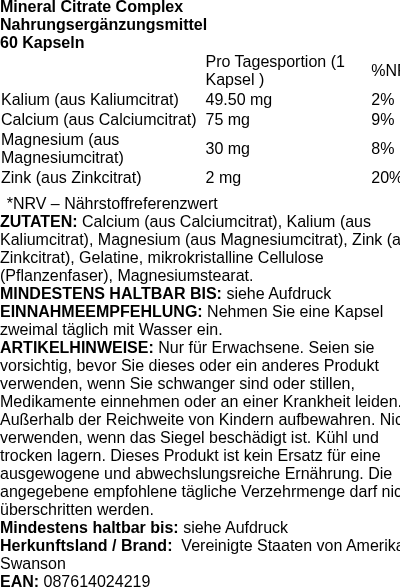 Produktetikett — Mineral Citrate Complex - 60 caps (PB 84584)