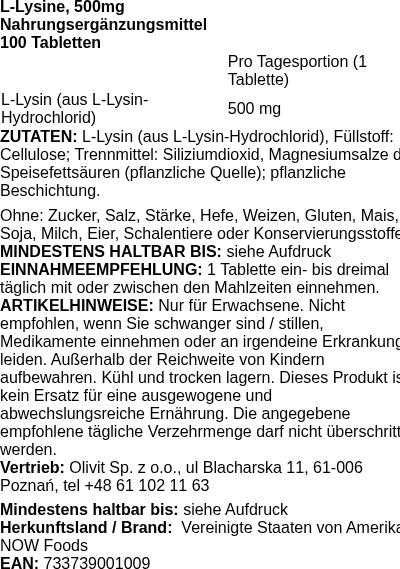 Produktetikett — L-Lysine, 500mg - 100 tablets (PB 82132)