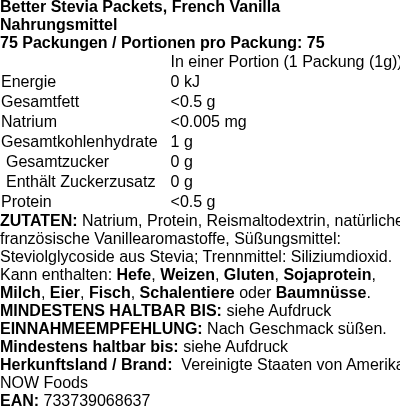 Produktetikett — Better Stevia Packets, French Vanilla - 75 packets (PB 7571)