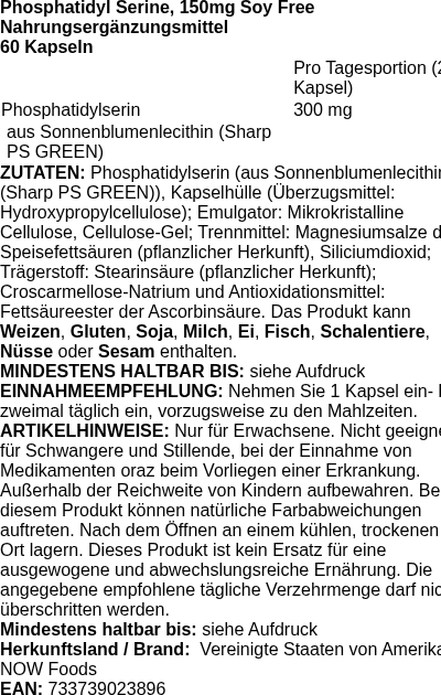 Produktetikett — Phosphatidyl Serine, 150mg Soy Free - 60 vcaps (PB 110514)